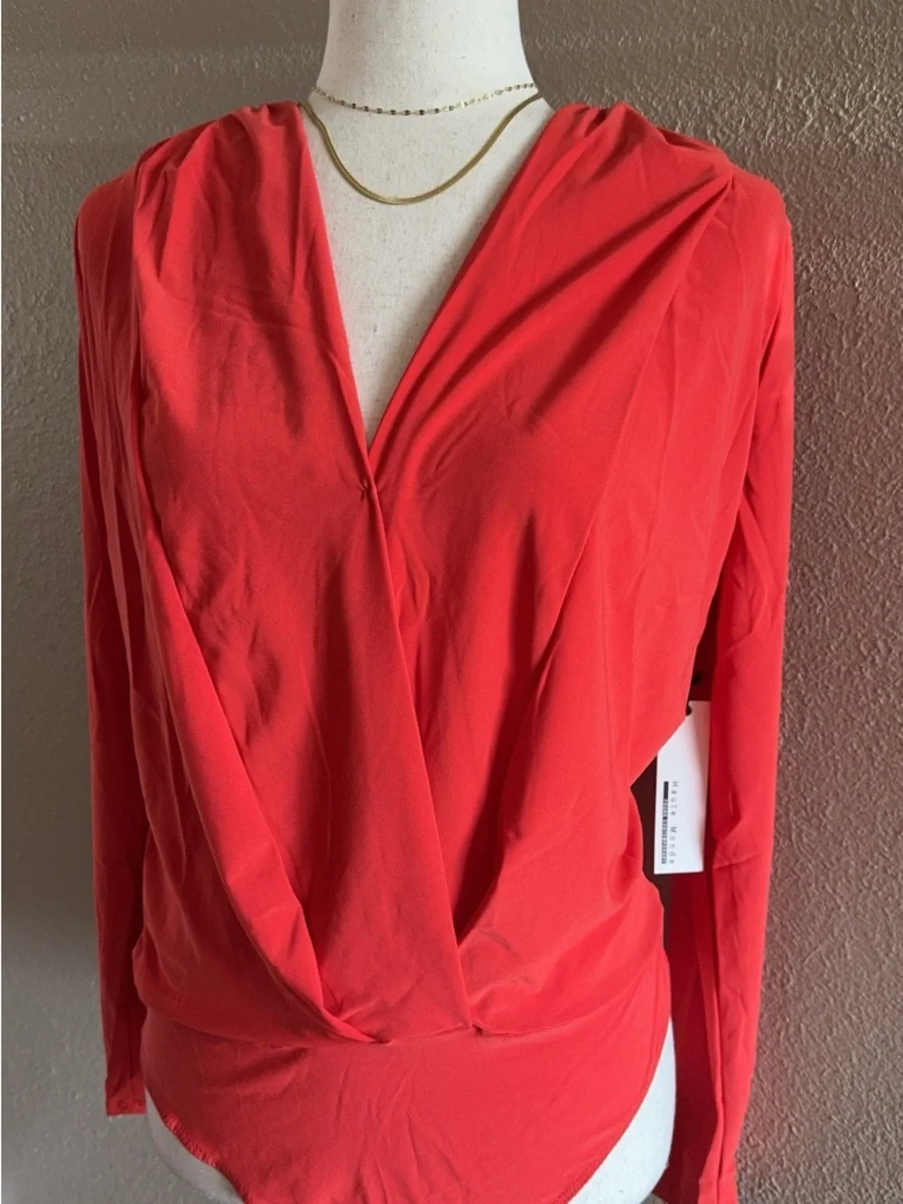 V-Neck Long Sleeve Wrap Bodysuit in Coral Red - Picture 4 of 12
